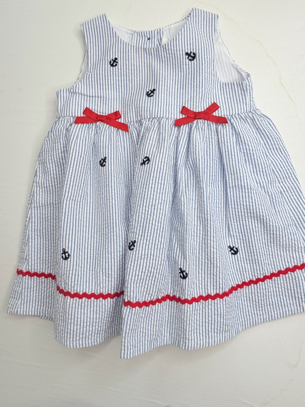 STARTING OUT Blue Striped Seersucker Nautical Embroidered Anchor Dress Sz 18 Mos